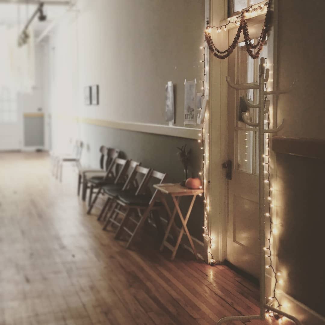 Studio entrance with string lights